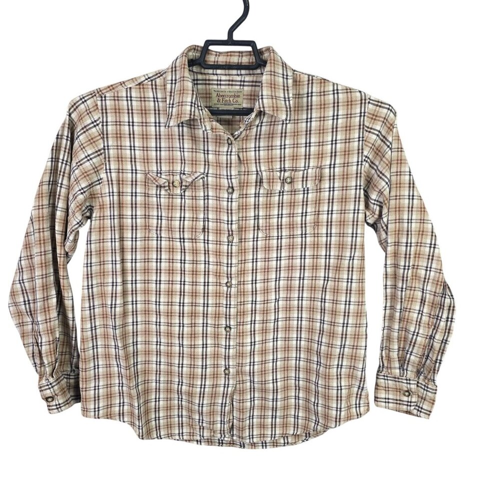 Mens Abercrombie & Fitch Beige Brown Plaid Shirt Button Up Long Sleeve Cotton M